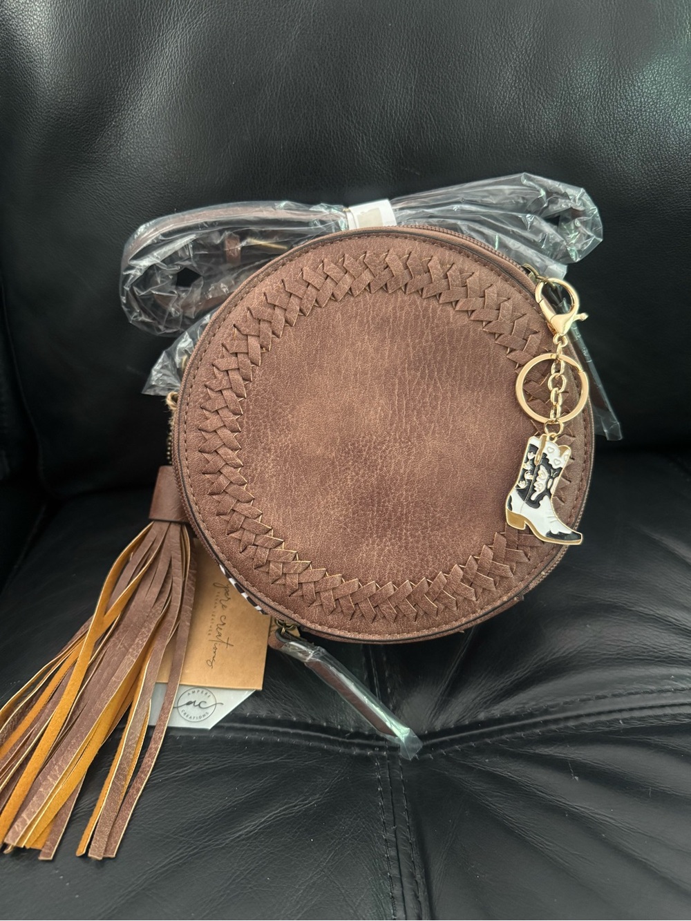 Canteen Style Brown Crossbody Bag with Tassel & Cowboy boot charm